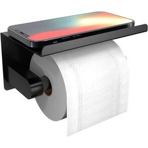 Toilet Paper Holder with Phone Shelf, Wall Mounted Black For Standard Roll NEW